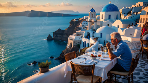 Fototapeta Naklejka Na Ścianę i Meble -  Santorini Greece Seafront Restaurant Table Turquoise Water Oia Ia Village Cyclades Sunset White Buildings Blue Domes Cobblestone Streets People Meals Generative AI