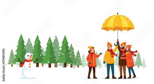 Vector illustration of family enjoying winter holidays with snowman isolated on