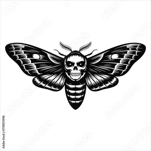 Deaths-head hawkmoth vector illustration with prominent skull isolated on white background, Vector