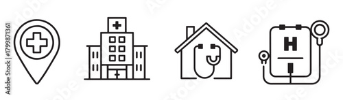 Hospital and Medical Care Line Icons Set - Healthcare Location, Building, Stethoscope, and Emergency Symbol