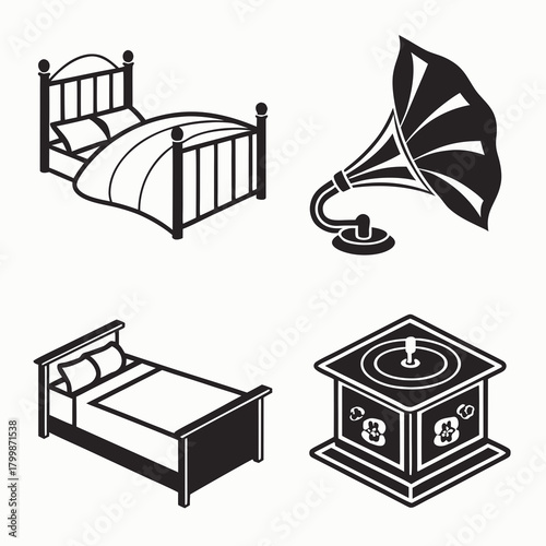 Vintage bedroom interior with bed and gramophone isolated on