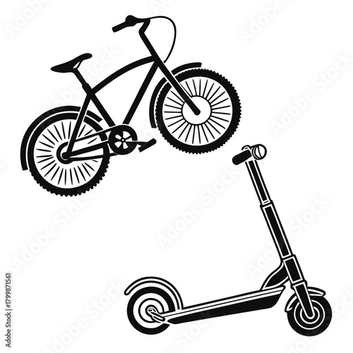 Bicycle and scooter icons isolated on in black and white