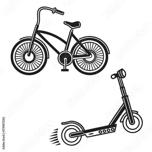 Bicycle and scooter icons isolated on in black and white