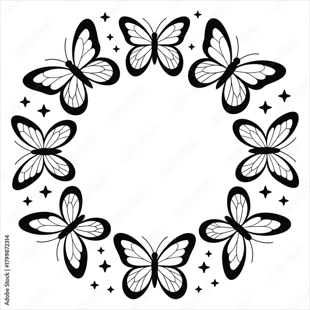 Obraz premium Elegant monochrome butterfly circle frame with sparkling stars isolated on white background, Vector