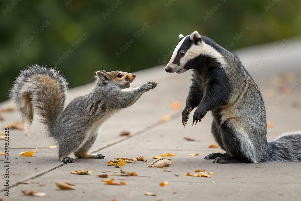 Fototapeta premium a squirrel and badger share food in autumn park