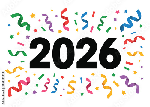 Festive 2026 new year vector graphic with confetti and streamers for holiday celebration designs