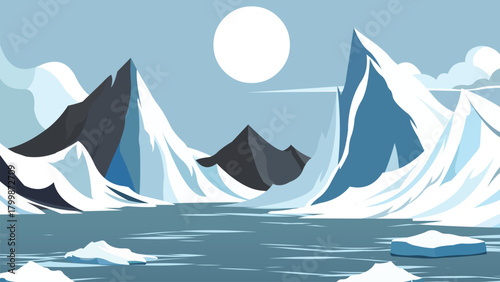 Arctic Ice Landscape Illustration – Snowy Mountains and Frozen Sea Vector.