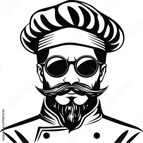 Stylish chef with round glasses and large mustache gazes forward in monochrome