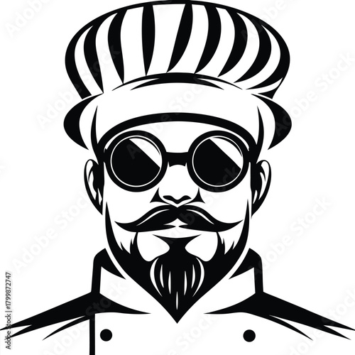 Monochrome chef with round glasses and striped hat projects a confident culinary aura