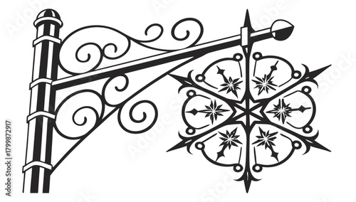 Ornate Wrought Iron Snowflake Signage Vector Illustration, An ornate wrought iron signpost holding a decorative snowflake-shaped sign, with intricate scrollwork