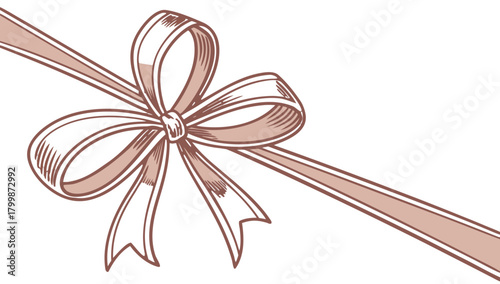 Elegant Gift Ribbon Bow Illustration,  An elegant line-art illustration of a perfectly tied gift ribbon bow, in a muted pink color