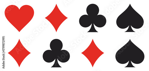 Classic Playing Card Suit Symbols – Hearts, Spades, Diamonds, Clubs Vector Illustration, and Poker Game Graphics, Black and Red Card Suits, Gambling and Card Game Icons