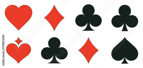 Playing Card Suit Icons – Classic Hearts, Spades, Diamonds, Clubs Vector,  Poker Symbols, Black and Red Card Graphics, Gambling Game Illustration, Card Game Icon Set