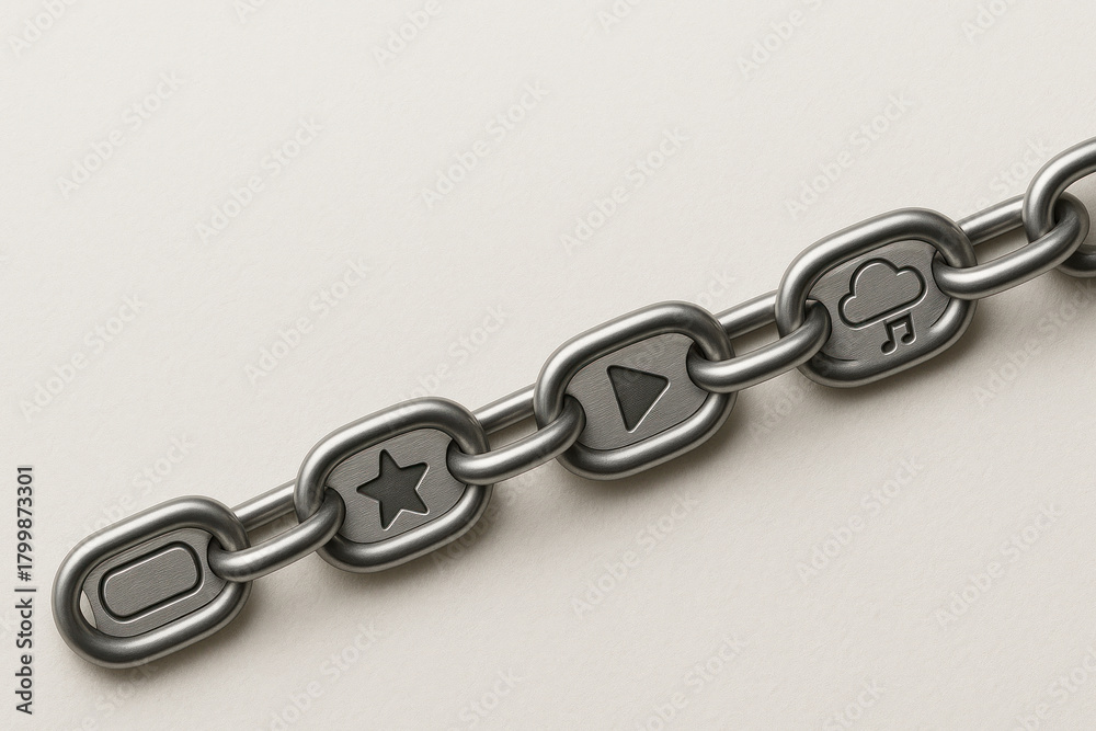 Fototapeta premium Metal chain with multimedia icons. Space for text.