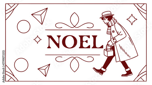 Stylish Person Walking with Noel Text Vector Silhouette, A stylishly dressed person walking with a small box, beside the "NOEL" text surrounded by geometric and festive elements