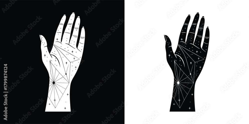 Fototapeta premium Palmistry hand with lines and dots, shown in negative and positive on black and white backgrounds