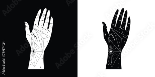 Palmistry hand with lines and dots, shown in negative and positive on black and white backgrounds