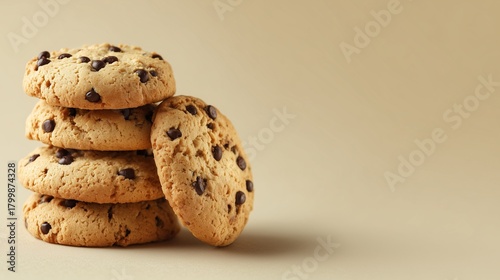 Stack of delicious chocolate chip cookies on a plain background