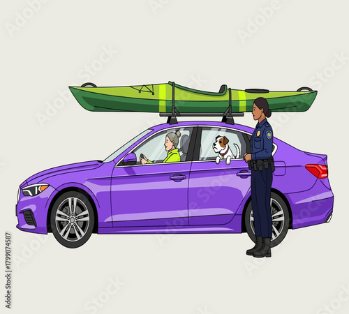 Illustration of a police officer is stopping a car with a kayak on the roof, indicating traffic control and safety regulations for outdoor activities