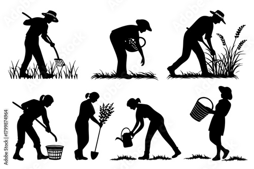 Farmer harvesting crop silhouette isolated on white background