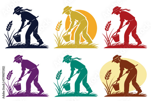 Farmer harvesting crop silhouette vector set isolated on white background