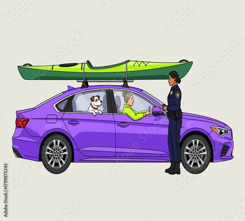 Illustration of a police officer is stopping a car with a kayak on the roof, indicating traffic control and safety regulations for outdoor activities