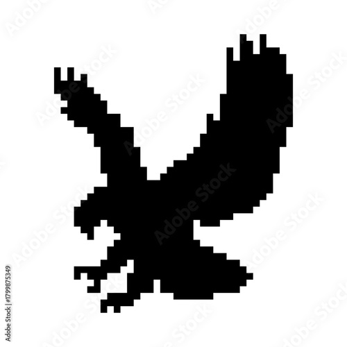 Black pixel art flying bird icon silhouette. wild animal.