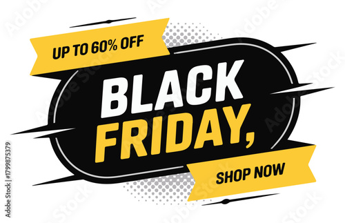 Black Friday sale banner promotional vector design shop now and save up to 60 off
