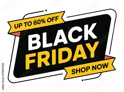 Black Friday sale advertisement with a banner offering up to 60% off and a shop now button.