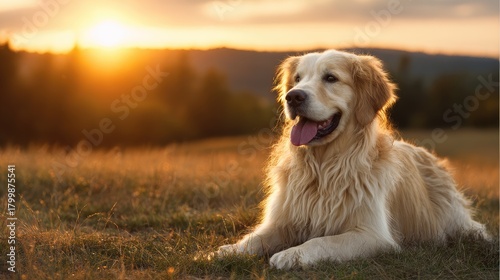 Fototapeta Naklejka Na Ścianę i Meble -  Golden Retriever dog enjoying outdoors at a large grass field at sunset, beautiful golden light Generative Ai