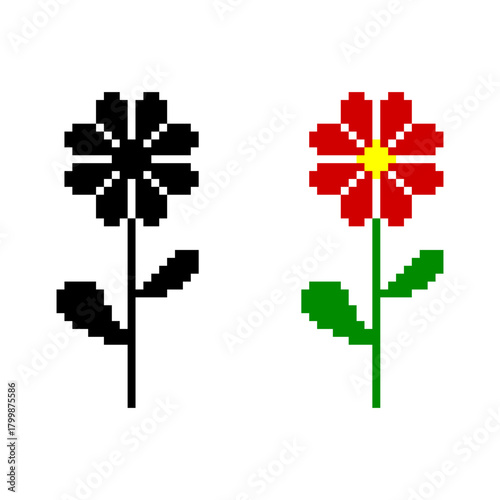 Pixel art flower icons. black and color variants.