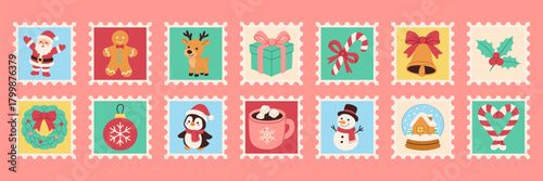 A row of Christmas stamps featuring various holiday themes such as snowmen, penguins, and reindeer