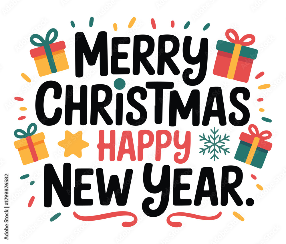 Obraz premium Festive holiday greeting card with colorful text and gift box illustrations for the season.