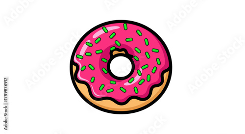 A delicious cartoon donut with pink frosting and green sprinkles.