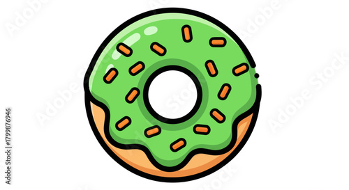 A delicious green frosted donut with orange sprinkles illustration.