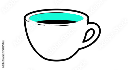 A simple white coffee cup filled with dark coffee and a turquoise rim.