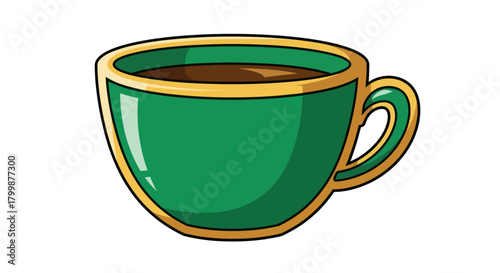 A vibrant green coffee cup filled with dark liquid.