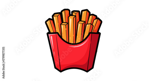 A vibrant illustration of a red carton filled with golden french fries.