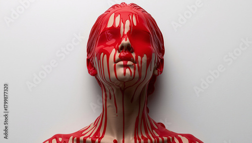 Striking artistic portrait with vibrant red paint dripping down a woman's face