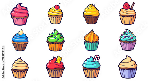 A vibrant collection of twelve assorted cartoon cupcakes.
