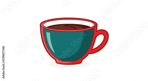 A vibrant teal coffee cup with a red rim and handle, filled with dark liquid.