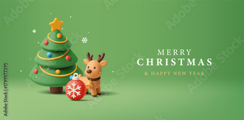 Green modern banner with Merry Christmas and New Year greeting. 3D cartoon cute character of deer, Christmas tree, red Christmas toy. Winter scene, greeting. Vector illustration
