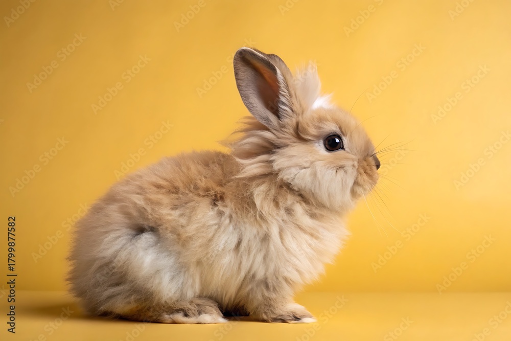 Fototapeta premium a fluffy brown rabbit sitting on yellow background