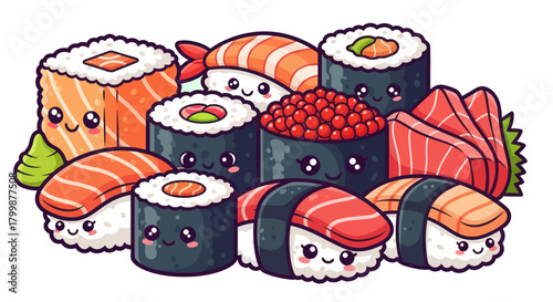 Adorable Kawaii Sushi Assortment with Cute Faces and Vibrant Colors.