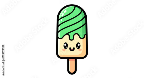 Adorable smiling green ice cream popsicle cartoon character.