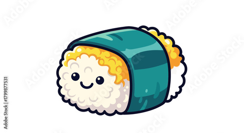 Adorable Kawaii Sushi Roll with Happy Face Illustration.