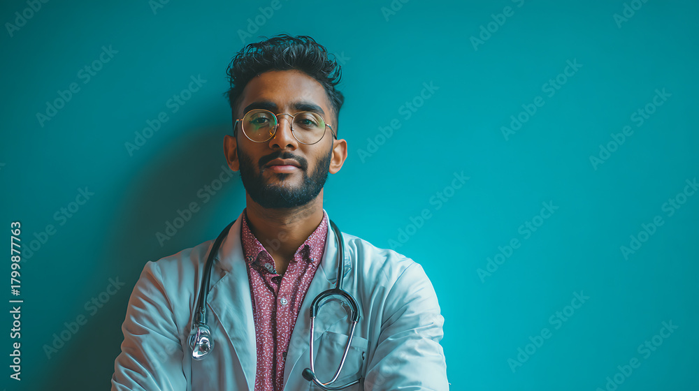 Fototapeta premium confident young indian male physician isolated on green backdrop symbolizing modern healthcare and medical expertise