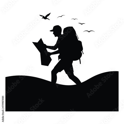 Silhouette of a hiker with a backpack and map walking on a hill isolated on white background birds are flying above