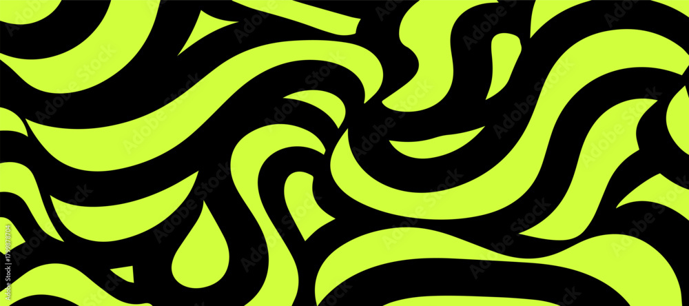 Fototapeta premium Abstract background black and neon lime green wavy lines, abstract pattern fluid, distorted, flowing shapes, High-contrast vector illustration, Black and bright acid green abstract fluid pattern.