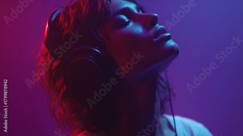 female with headphones illuminated by purple and blue lighting expressing audio experience and youthful energy